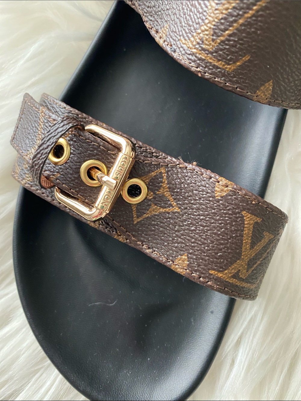 Louis Vuitton Monogram Double Buckle Slides - Brown & Black with Gold Hardware - Picture 5 of 10